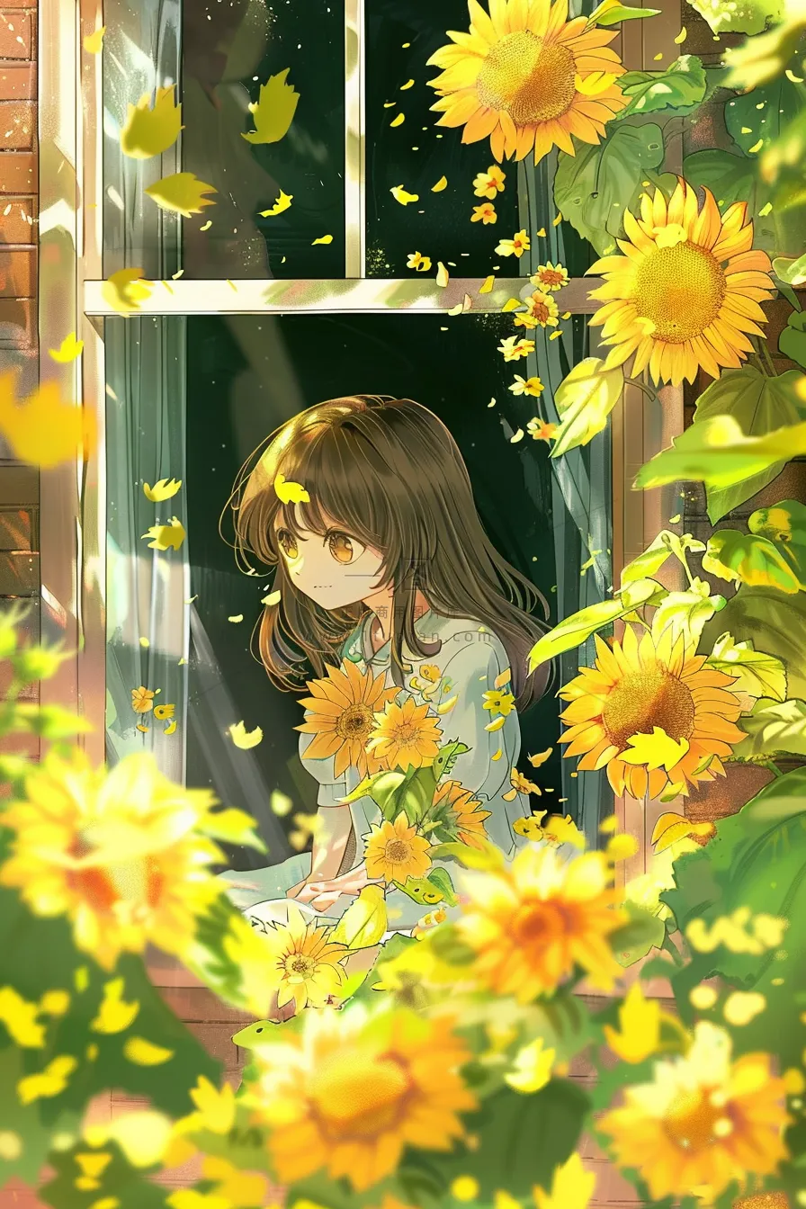 在向日葵花海窗台上沉思的少女插画背景