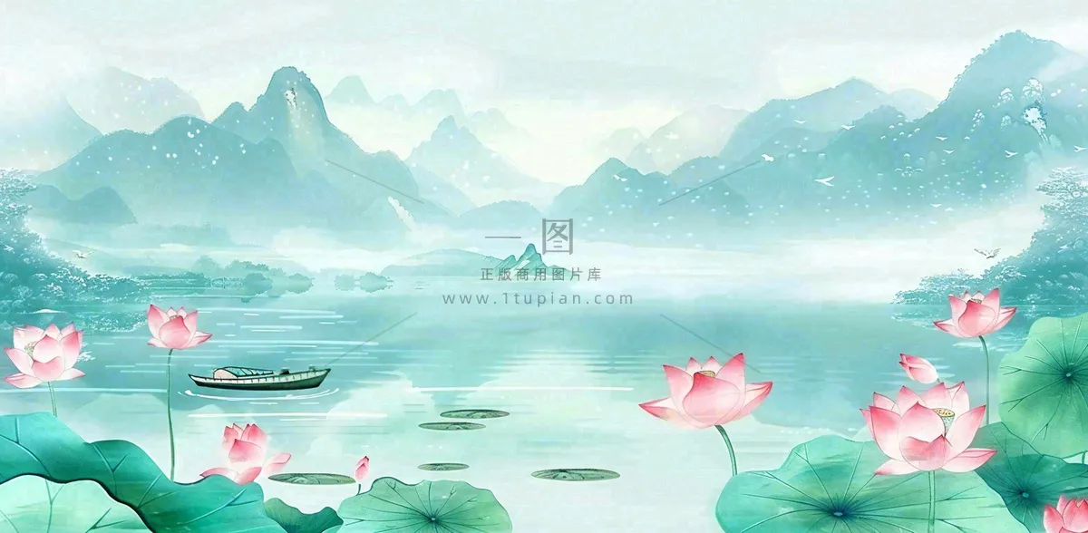夏天山水荷花莲花清凉淡雅绿色中国风插画夏至大暑小暑背景