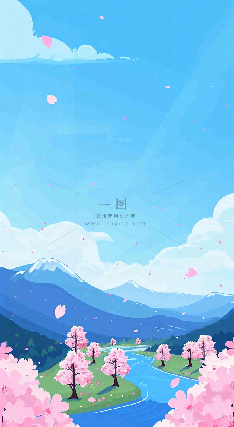 春天浪漫粉色樱花山脉河流蓝天白云清新手绘扁平插画，立春惊蛰