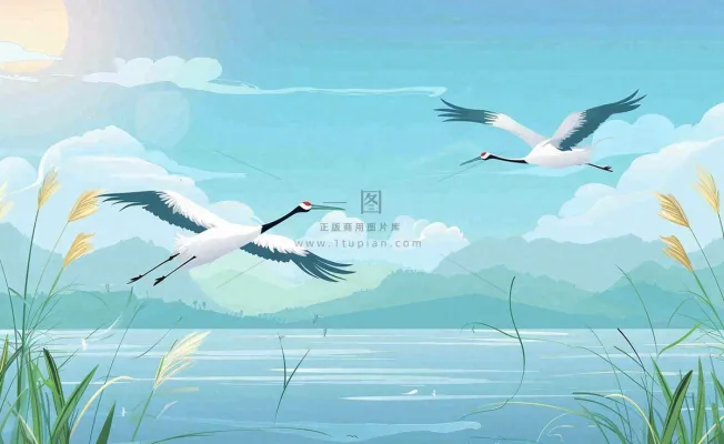 白露芦苇山水飞鹤插画蓝色唯美卡通插画背景