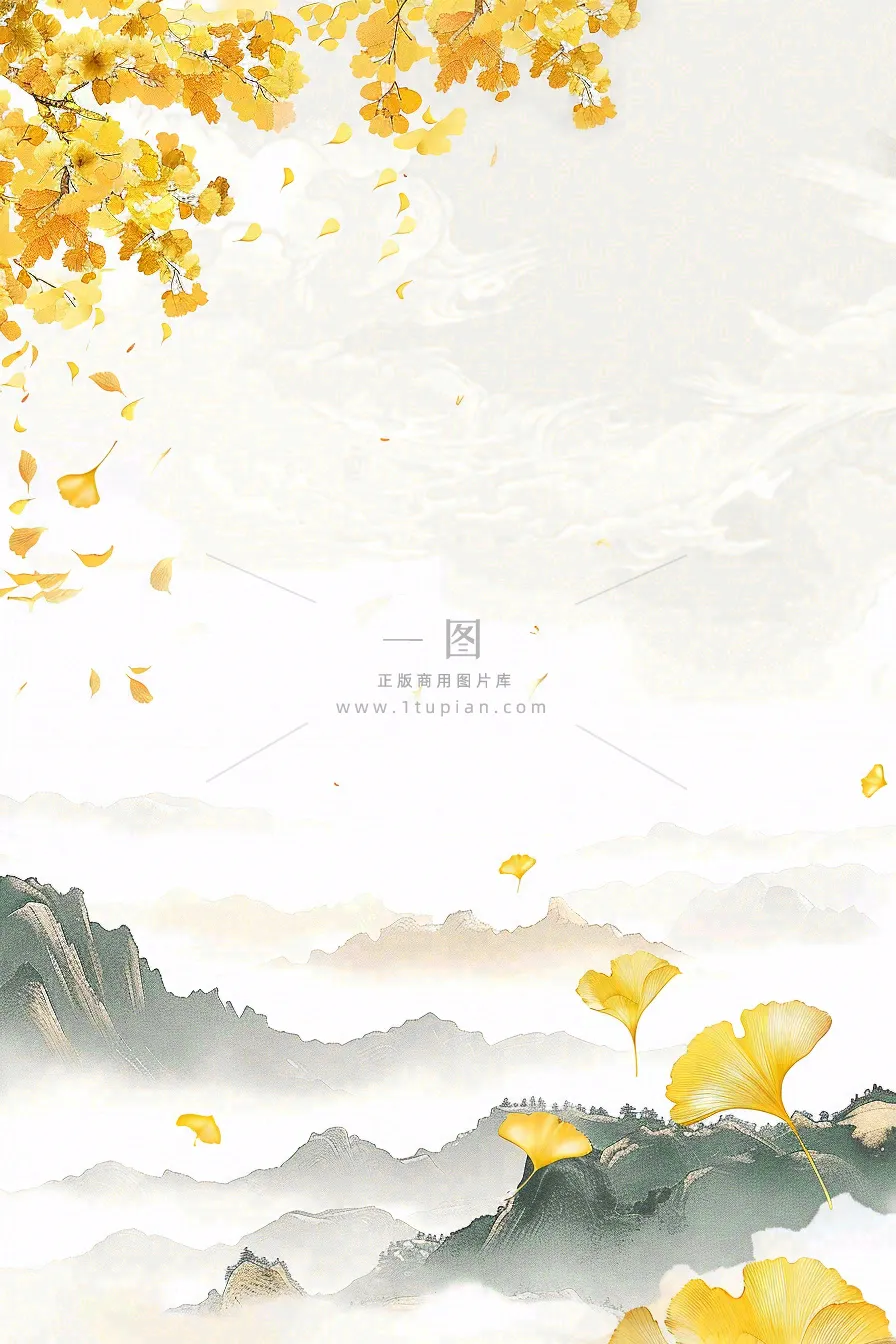 秋天黄了的银杏树银杏叶落叶菊花立秋重阳节秋分白露水墨插画背景