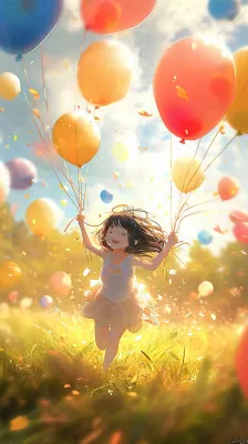 一个可爱的小女孩手里牵着彩色气球在草地上奔跑夏天,儿童节 一个可爱的小女孩手里牵着彩色气球在草地上奔跑夏天,儿童节