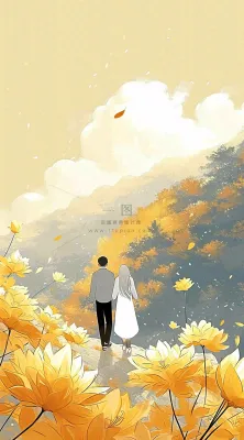 老人相伴到老，菊花黄色花朵，落日山脉