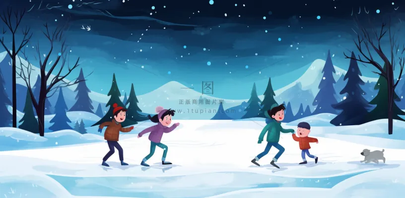 冬季在冰湖上滑冰的孩子儿童卡通插画背景 冬季在冰湖上滑冰的孩子儿童卡通插画背景