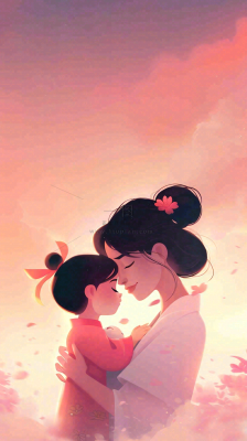 母亲节妈妈亲情抱着孩子鲜花光辉插画背景