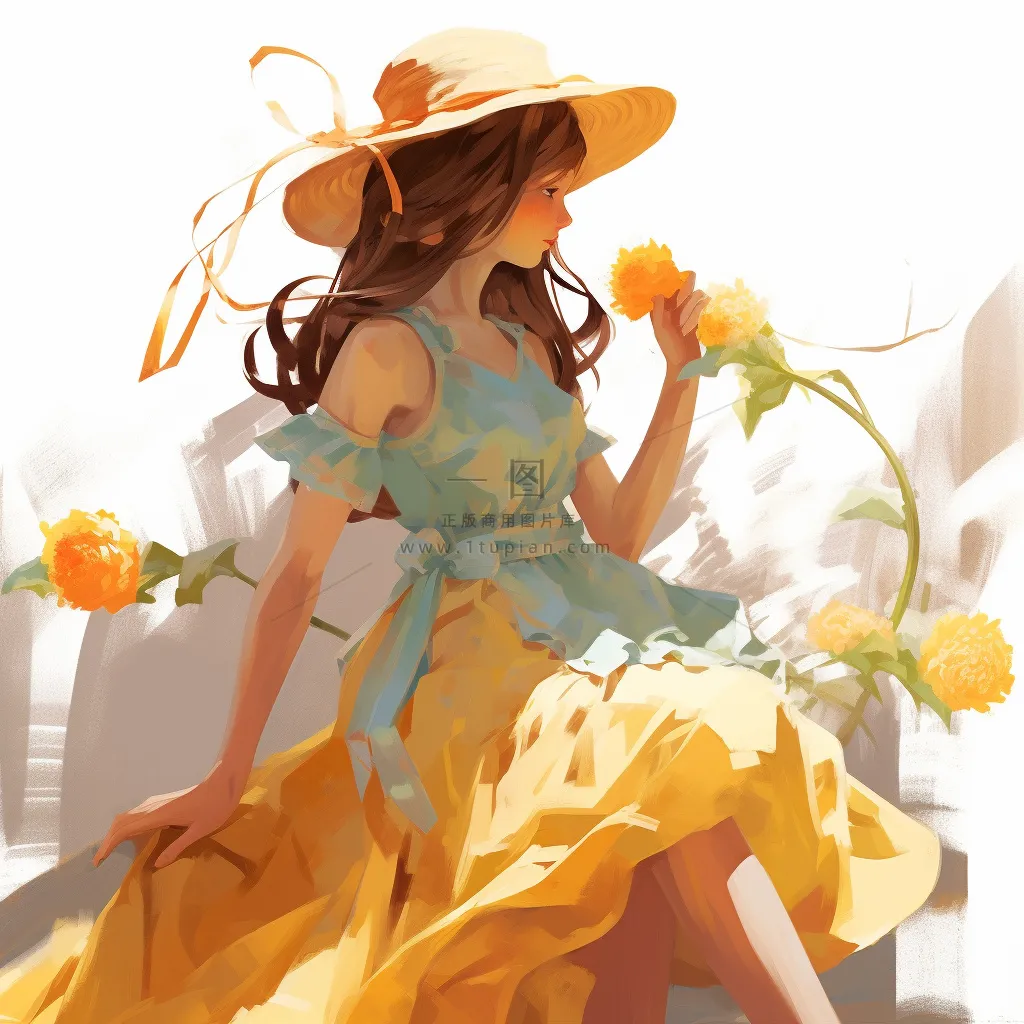 穿裙子的少女草帽色彩鲜艳卡通插画素材