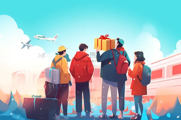 中国传统节日春节除夕春运赶火车回家团聚的人物插画海报背景