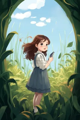 少女在绿叶藤蔓围绕的草丛里卡通插画素材