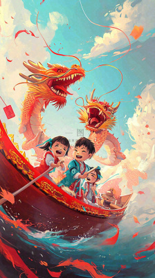 海面上龙船开船手绘插画，孩子人物，蓝天白云古风