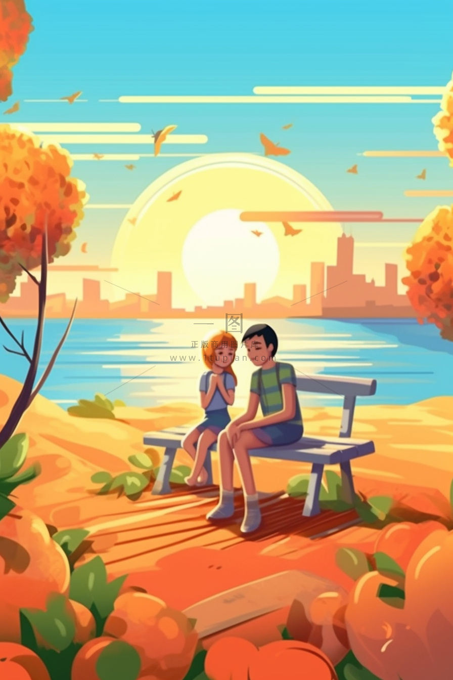 夕阳儿童朋友西瓜玩耍插画背景