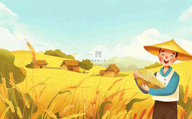 秋天农田里收谷的农民辛勤劳作芒种世界粮食日插画背景 秋天农田里收谷的农民辛勤劳作芒种世界粮食日插画背景