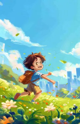 遨游大自然草坪的孩子快乐儿童节卡通插画背景 遨游大自然草坪的孩子快乐儿童节卡通插画背景