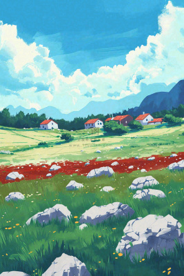 春天郊外绿地草地山脉石头插画手绘，惊蛰春分