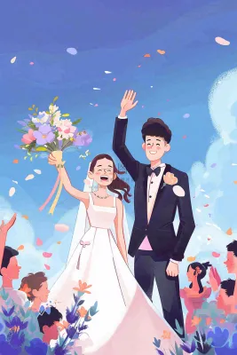 婚礼典礼的夫妻恋人唯美浪漫温馨七夕情人节卡通插画背景