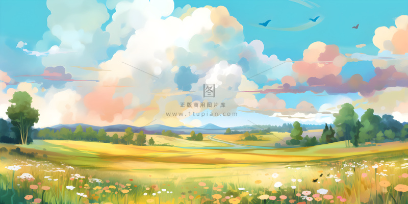 春天蓝天白云草原绿色树草地手绘插画海报素材背景