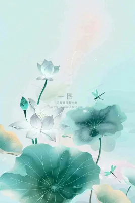 夏天小清新荷花荷叶静雅弥散风绿粉色蜻蜓立夏夏至处暑插画背景