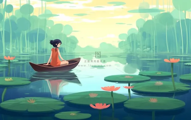 湖泊划船睡莲风光插画背景 湖泊划船睡莲风光插画背景