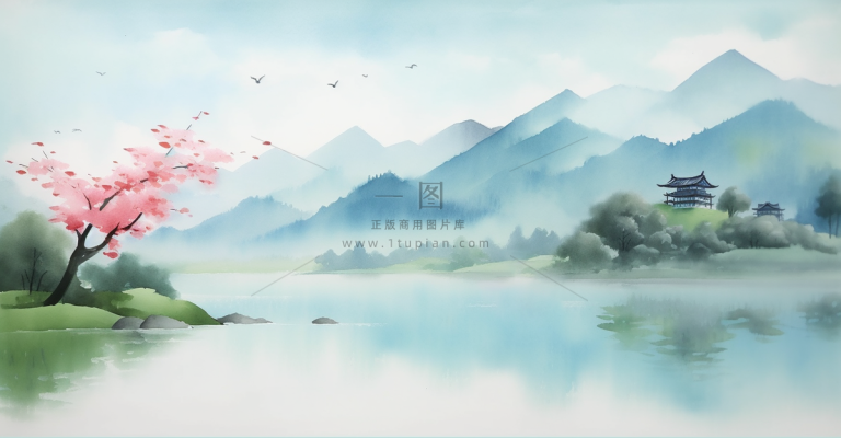 春天山水画水墨画湖边桃花树盛开江南古风插画背景