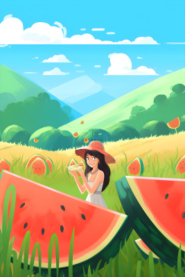 蓝天白云吃西瓜的女孩山草地插画背景