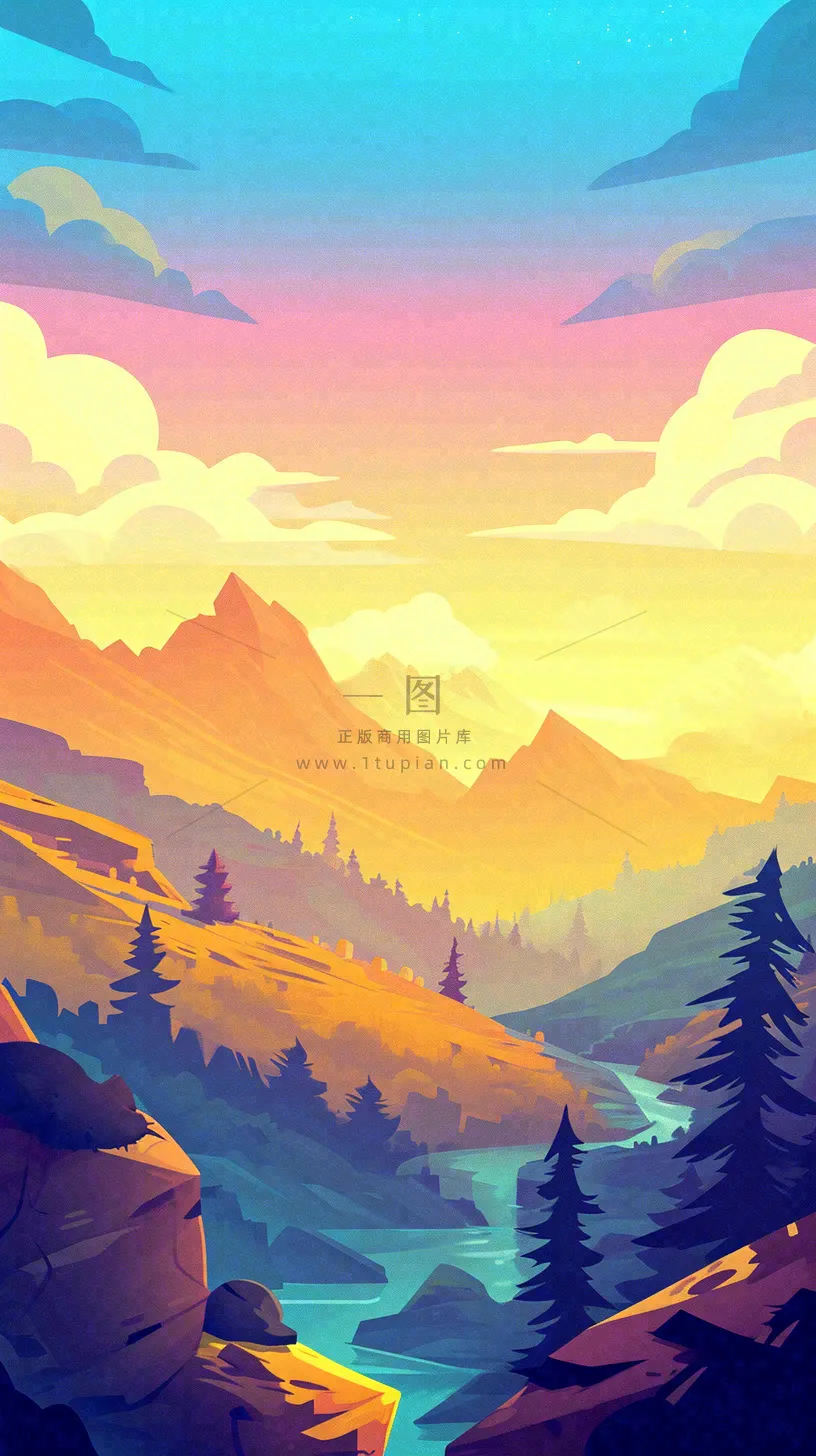落日山脉河流小溪扁平手绘插画,旅行游玩登山郊游
