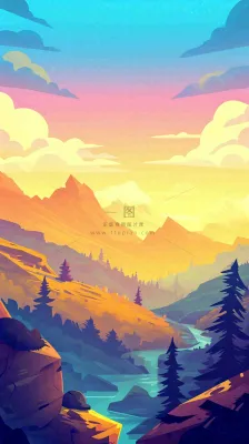 落日山脉河流小溪扁平手绘插画,旅行游玩登山郊游 落日山脉河流小溪扁平手绘插画,旅行游玩登山郊游
