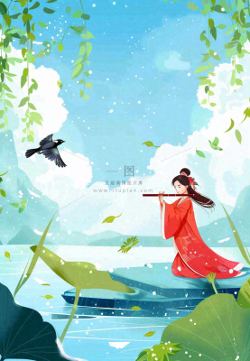 春夏古风女孩游湖吹笛小鸟绿叶大树惊蛰春分立夏清明卡通插画背景 春夏古风女孩游湖吹笛小鸟绿叶大树惊蛰春分立夏清明卡通插画背景