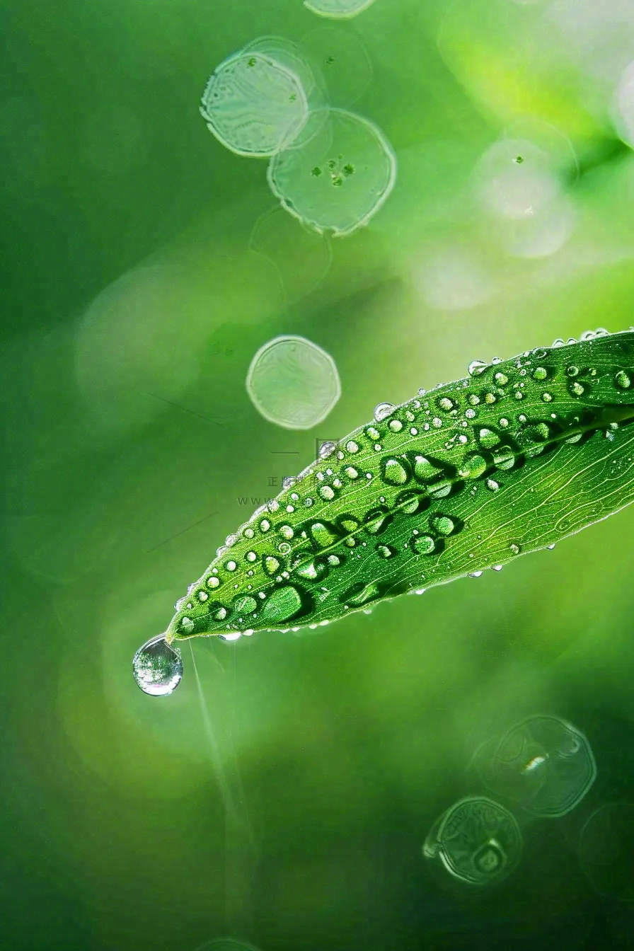 春天绿色叶子是的雨滴露珠雨水谷雨春分摄影图