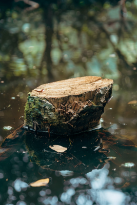 水池中的木头桩子雨季摄影图