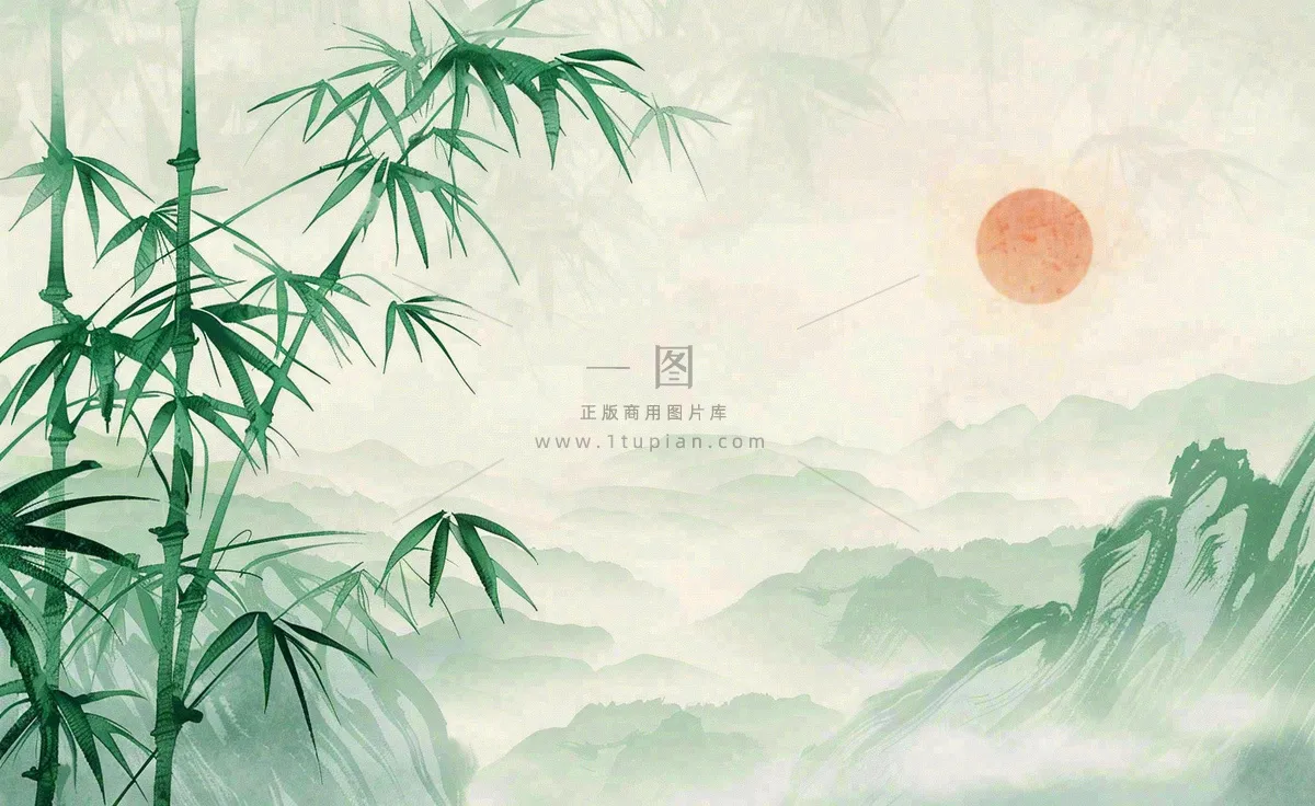 中国风古风水墨画山竹落日余晖淡雅清明端午插画背景