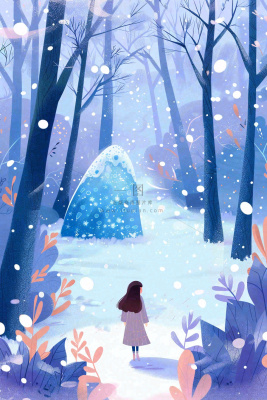 冬天女孩走进白雪下的森林紫色冬至大雪卡通插画背景
