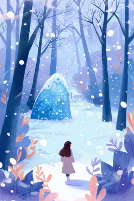 冬天女孩走进白雪下的森林紫色冬至大雪卡通插画背景