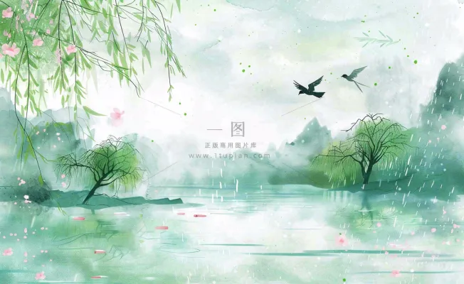 春天桃花柳树燕子清明山水国画中国风古风水雨水谷雨背景 春天桃花柳树燕子清明山水国画中国风古风水雨水谷雨背景