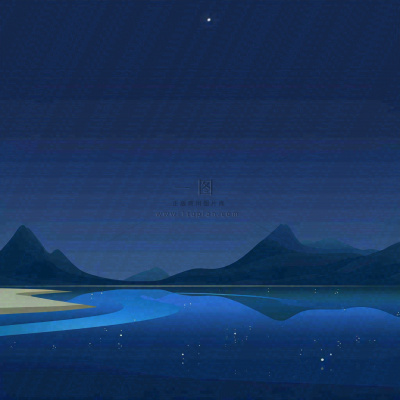 夜晚河面星空月亮唯美夜景扁平插画手绘