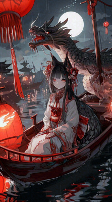少女漫画古风灯笼夜晚夜景船只手绘插画 少女漫画古风灯笼夜晚夜景船只手绘插画