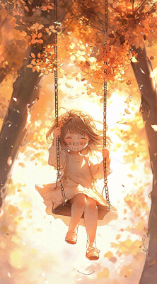 秋天落叶季节少女玩耍荡秋千,秋分儿童 秋天落叶季节少女玩耍荡秋千,秋分儿童