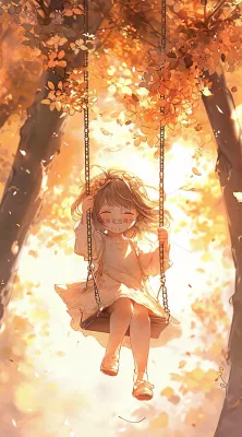 秋天落叶季节少女玩耍荡秋千,秋分儿童 秋天落叶季节少女玩耍荡秋千,秋分儿童