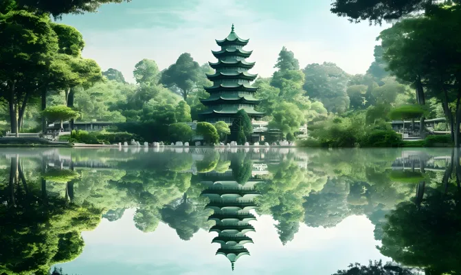 倒影水中的宝塔背后的树木山景风格摄影图
