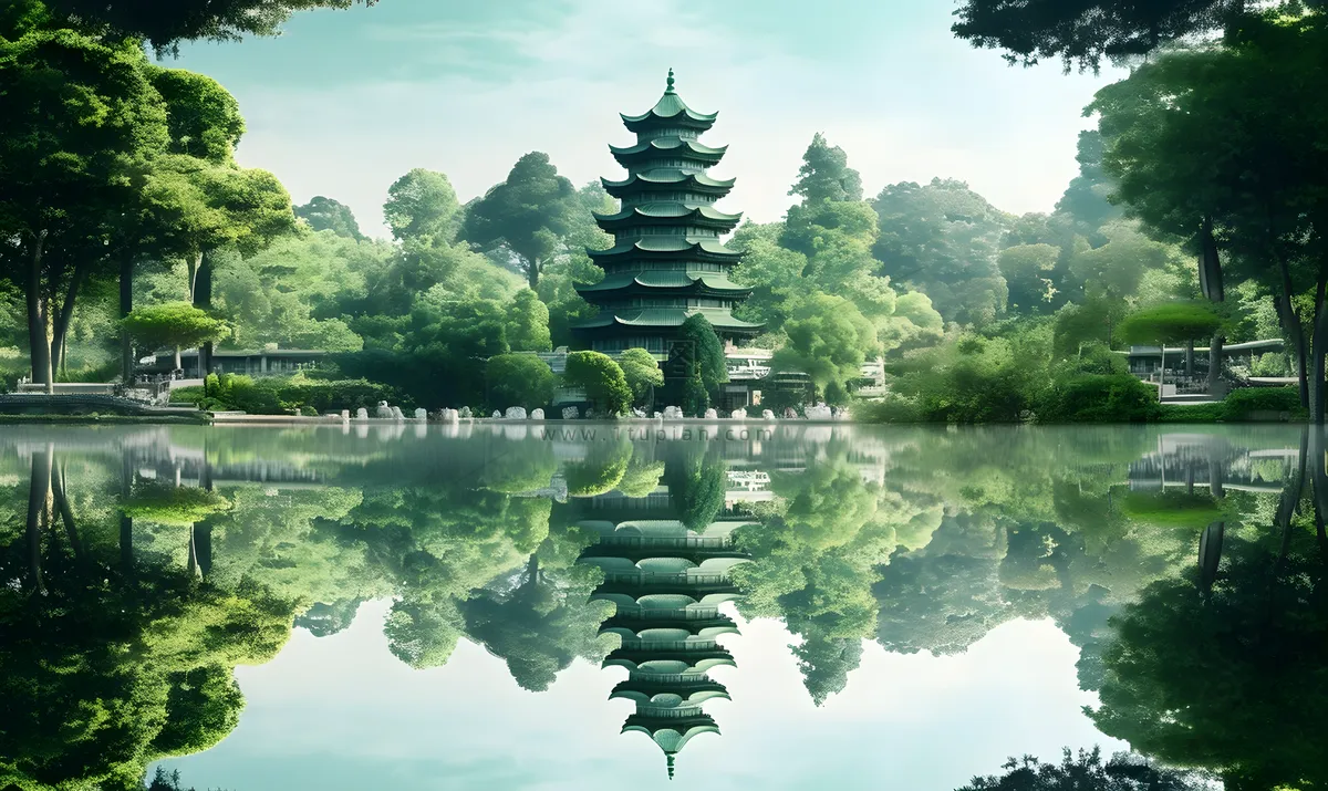 倒影水中的宝塔背后的树木山景风格摄影图