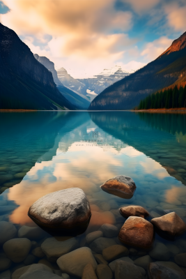 清澈的湖泊里面有很多鹅卵石远处是雪山的摄影图