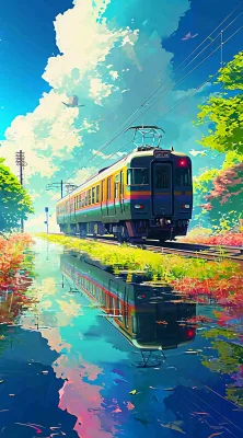 城市交通乡村铁路高铁，户外蓝天白云河边