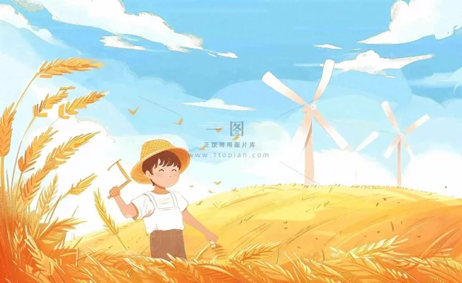 金秋秋天丰收麦田风车男孩人物小麦稻穗立秋秋分处暑芒种卡通插画背景 金秋秋天丰收麦田风车男孩人物小麦稻穗立秋秋分处暑芒种卡通插画背景