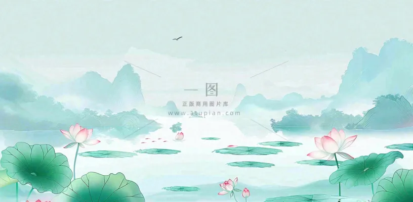夏天山水荷花莲花清凉淡雅绿色中国风插画夏至大暑小暑背景 夏天山水荷花莲花清凉淡雅绿色中国风插画夏至大暑小暑背景