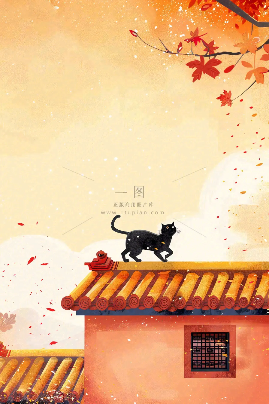 屋檐上的猫咪屋墙萧瑟霜降插画背景