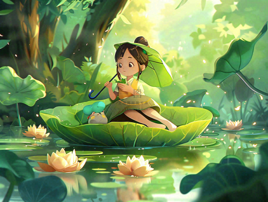 夏日清凉唯美荷花荷叶飘在水面孩童坐在荷叶上吃莲藕小暑立夏夏至大暑卡通插画处暑清凉背景