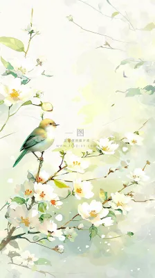 春天繁华盛开树枝小鸟春意小清新唯美立春惊蛰插画背景