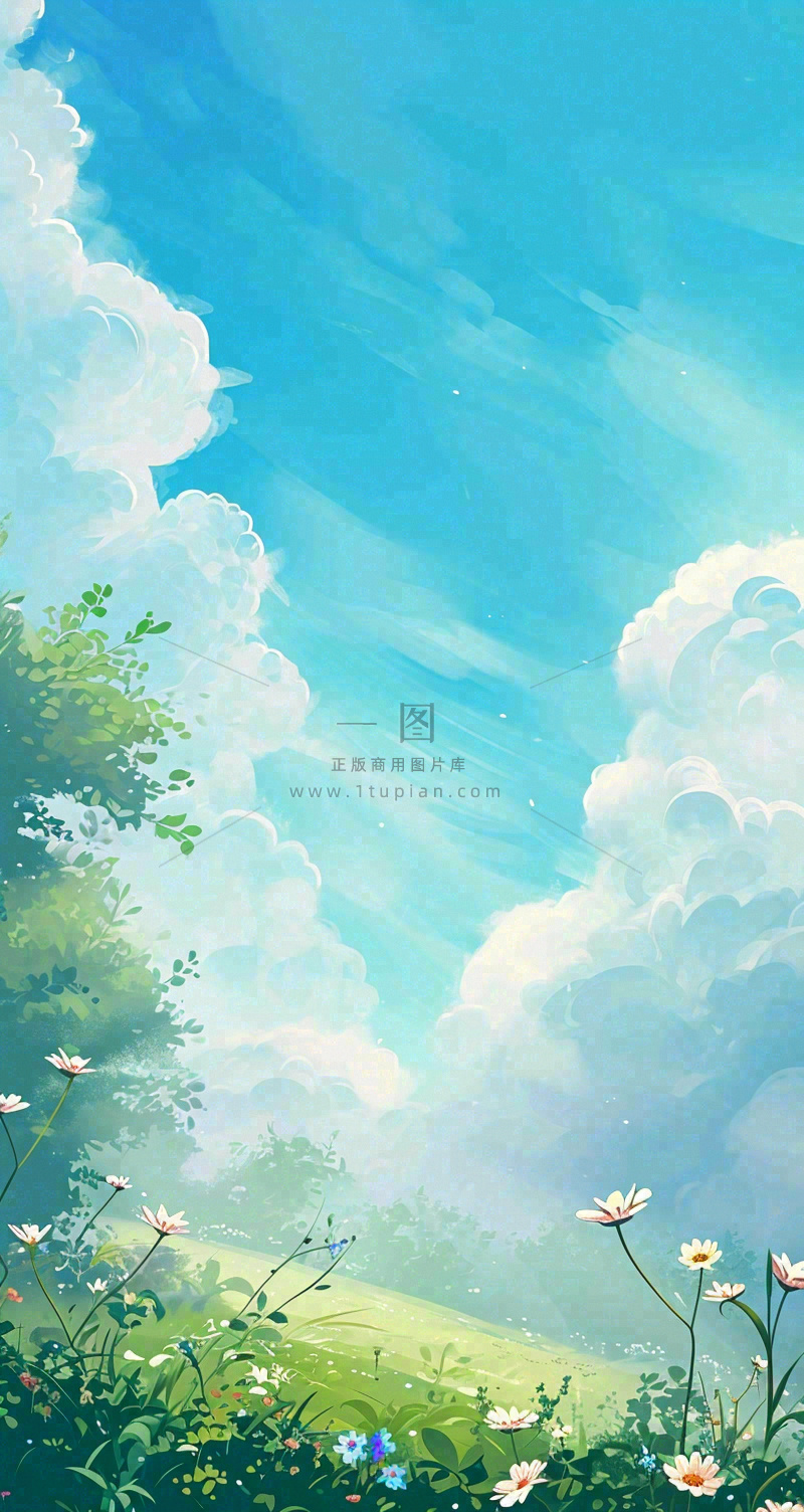 蓝天白云小花绿树树木草地插画手绘,春天春分