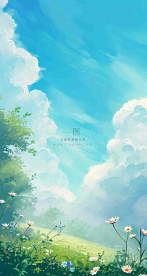 蓝天白云小花绿树树木草地插画手绘,春天春分 蓝天白云小花绿树树木草地插画手绘,春天春分