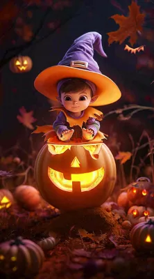 梦幻黑色万圣节恐怖南瓜，夜晚卡通动漫插画