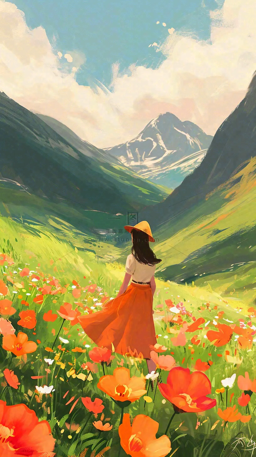 春天山脉草坪花海上穿裙子的女孩油画手绘插画，清新浪漫，踏青春游