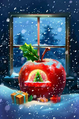 冬天寒冷的白雪红苹果屋窗户夜晚平安夜卡通插画背景